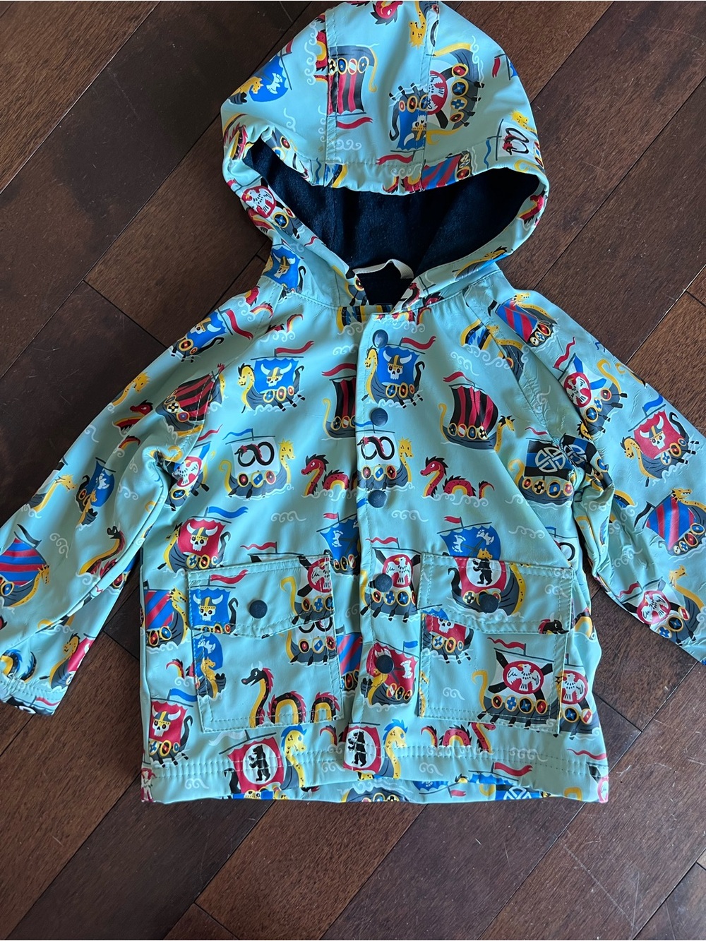 Kids Waterproof Hooded Raincoat- Light Blue Viking Ship Print